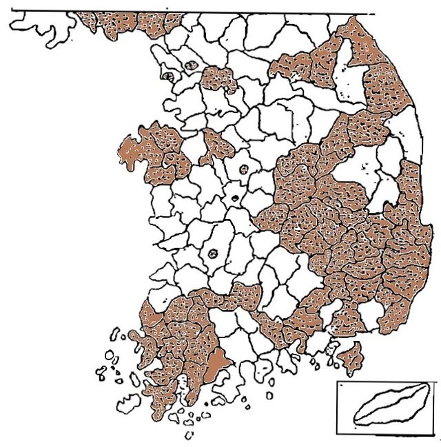 ▲ 1946년 시위가 일어난 전국 지역 표시 지도.(정해구[10월 
 인민항쟁연구] 열음사,1998)