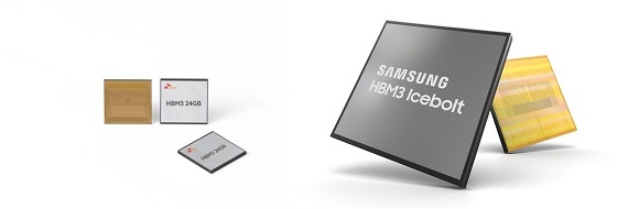 ▲ 왼쪽부터 SK하이닉스 HBM3, 삼성전자 HBM3 제품 이미지.ⓒ각사