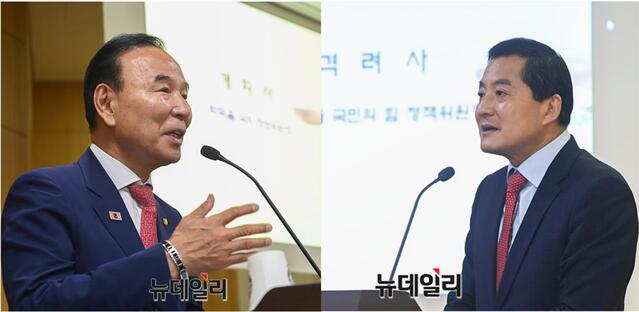 ▲ 박덕흠 국회 정보위원장(왼쪽)과 박대출 국민의힘 정책위의장이 26일 국정원 전직 모임인 (사)양지회와 국회 정보위원장인 박덕흠 국민의힘 의원실이 국회 의원회관에서 '최근 간첩사건의 특징과 국가안보'를 주제로 공동 개최한 안보토론회에서 각각 개회사와 격려사를 하고 있다. ⓒ서성진 기자