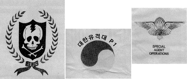 ▲ 6.25전쟁이 나자 입대한 서북청년들 만드로 구성된 '백골부대' 마크(왼쪽). 손진 선생이 가슴에 달았던 '대한유격대' 기장과 KLO 특별부대 배지.(손진 소장품 사진).