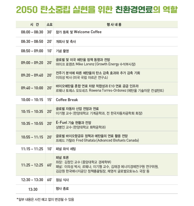▲ 친환경연료 국제 심포지엄 행사표 ⓒ한국자동차기자협회