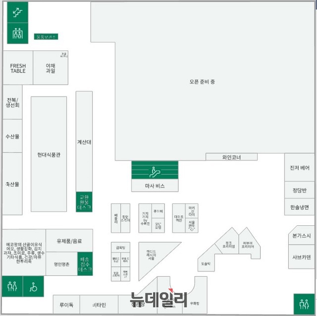 ▲ 가운데 에스컬레이터 그림을 기준으로 정면에 식품관이 보이고, 양쪽으로 가스트로 테이블과 프리미엄 리빙존(예정)이 자리하는 형태다.ⓒ현대백화점