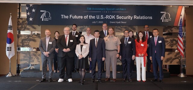 ▲ 주한미상공회의소(암참·AMCHAM)가 한미동맹·암참 창립 70주년을 맞아 7일 오후 서울 용산구 그랜드 하얏트 서울 호텔에서  특별 간담회를 개최했다. ⓒ주한미상공회의소