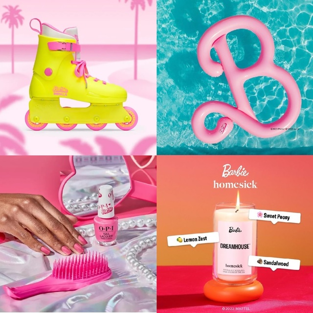 ▲ (왼쪽 위부터 시계방향) 임팔라 스케이트의 '바비' 인라인 스케이트, 펀보이의 '바비' 물놀이 튜브, 홈식의 '바비' 캔들, OPI의 '하이 바비' 매니큐어. ⓒ각사