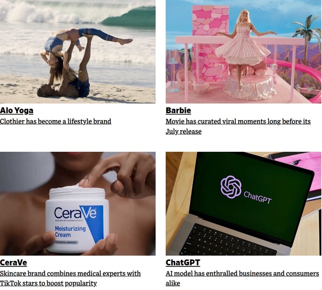 ▲ 애드에이지 선정 2023년 미국에서 가장 인기있는 브랜드. (알로 요가, 바비, 세라비, 챗GPT) ⓒAdAge