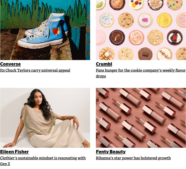 ▲ 애드에이지 선정 2023년 미국에서 가장 인기있는 브랜드. (컨버스, 크럼블, 에일린 피셔, 펜티 뷰티) ⓒAdAge