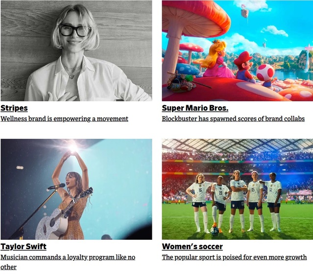 ▲ 애드에이지 선정 2023년 미국에서 가장 인기있는 브랜드. (스트라이프, 슈퍼 마리오 브라더스, 테일러 스위프트, 여자축구) ⓒAdAge
