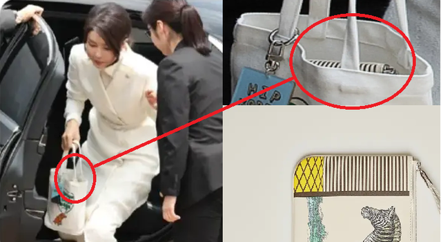 ▲ 최근 윤석열 대통령 해외 순방에 동행한 김건희 여사가 리투아니아에서 찍힌 것으로 알려진 사진(왼쪽)과 사진 속 가방 안 물체를 확대한 사진(오른쪽 위). 오른쪽 아래 사진은 에르메스 Carre Pocket Long 파우치. ⓒ온라인 커뮤니티, 샤넬 홈페이지