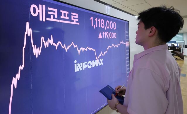 ▲ 18일 서울 종로구 연합인포맥스 전광판에 표시된 에코프로 종가 현황. ⓒ연합뉴스
