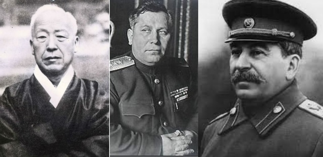 ▲ 스탈린의 미-소 양군 동시철군 제의에 혼자서 맞선 이승만(왼쪽)과 슈티코프-스탈린.