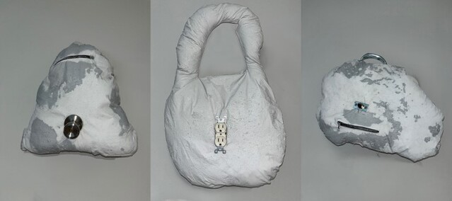 ▲ '시멘트'와 산업화의 상징 '전기 콘센트' 폐기물 '문고리' 등을 재활용해 구현한 패션 가방 작품.ⓒ마포문화재단