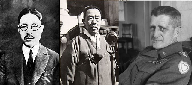 ▲ 미군정 한인민정장관 안재홍, 좌우합작의 김규식, 하지 사령관. 이들은 '미군정 연장 음모'로 들통난 이란 문서 때문에 곤경을 치른다.