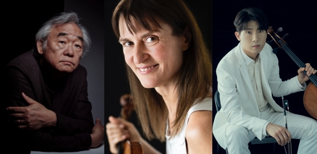 ▲ 왼쪽부터 피아니스트 백건우, 바이올리니스트 빅토리아 뮬로바, 첼리스트 문태국.ⓒ예술의전당