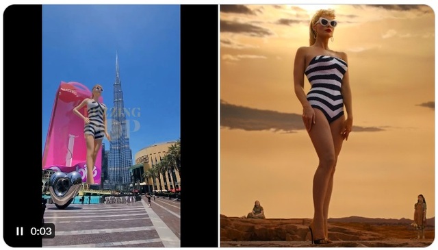 ▲ '바비' 3D 디지털 광고(좌)와 영화 '바비'의 한 장면. ⓒ트위터 캡처