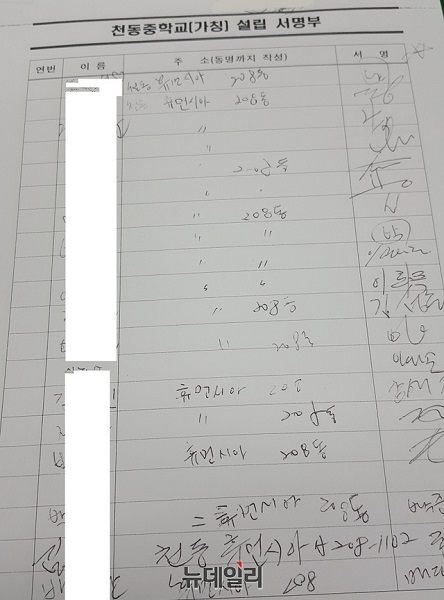 ▲ 대전 천동중학교 신설 건의와 관련해 주민 5490명의 서명이 담긴 연명부.ⓒ김경태 기자