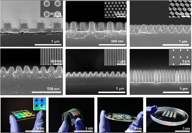 ▲ 수용성 나노임프린트로 전사된 다양한 고종횡비 구조체와 대면적 메타렌즈.ⓒ포스텍