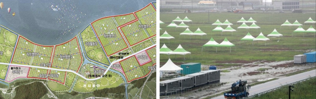 ▲ 새만금 잼버리 조감도(왼쪽)와 빗물에 흠뻑 젖은 전북 부안에 위치한 새만금 잼버리 야영장 모습(오른쪽). ⓒ연합뉴스