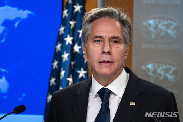 ▲ 토니 블링컨 미국 국무장관이 15일(현지시간) 청사에서 기자회견하고 있다. ⓒAP/뉴시스