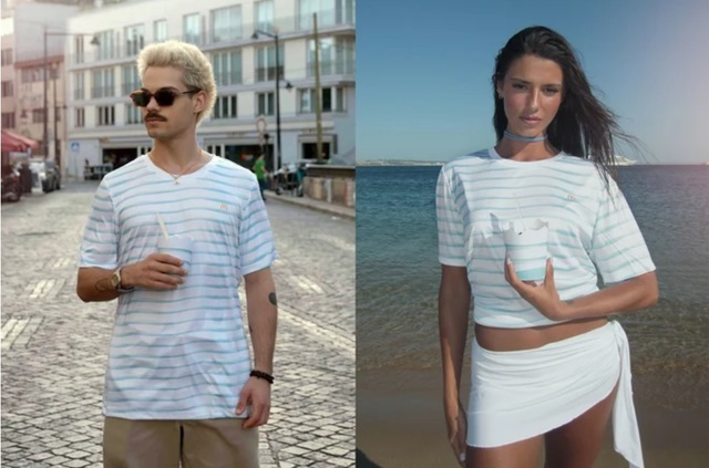▲ 맥도날드 포르투갈의 카모플러리 컬렉션을 입고 있는 인플루언서 아르투 캣피쉬(좌)와 바바라 이네스. ⓒ맥도날드 포르투갈