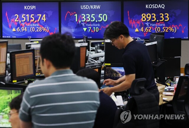 ▲ 22일 오후 서울 중구 하나은행 본점 딜링룸 현황판에 코스피, 원/달러 환율, 코스닥 지수가 표시돼 있다.ⓒ연합뉴스