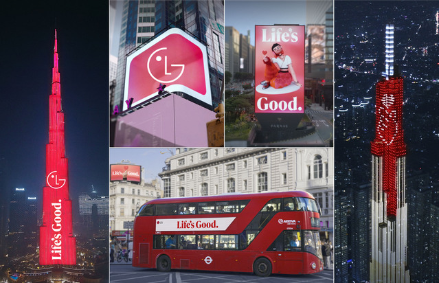 ▲ (왼쪽부터 시계방향)은 두바이 부르즈 할리파, 뉴욕 타임스스퀘어 옥외전광판, 서울 파르나스 미디어 타워, 호치민 랜드마크81, 런던 피카딜리 광장과 빨간 2층 버스에서 신규 비주얼 아이덴티티가 적용된 브랜드 홍보 영상, 슬로건을 노출하고 있는 모습 ⓒLG전자