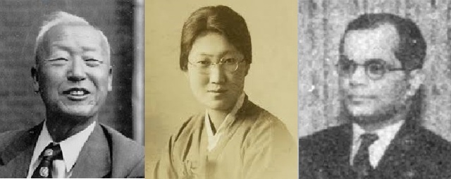 ▲ 이승만 박사와 여류시인 모윤숙. 유엔한국위원단 의장 메논.