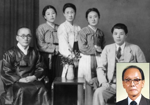 ▲ 춘원 이광수(왼쪽)와 여류문인들. 이선희, 모윤숙, 최정희(왼쪽부터)와 김동환. 오른쪽 아래 사각 인물사진은 모윤숙이 결혼2년만에 이혼한 남편 안호상(건국후 초대 문교부장관).