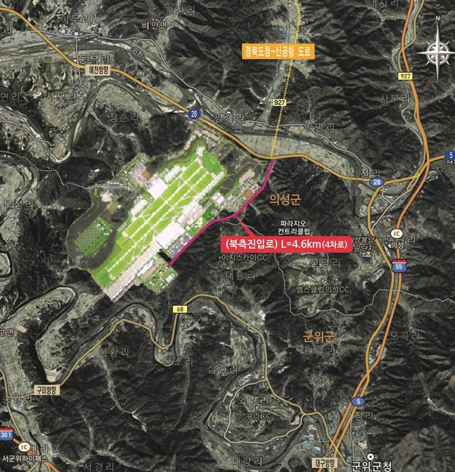 ▲ 대구경북신공항 진입도로는 신공항 남측에서 1개 노선 6.6km, 북측에서 1개 노선 4.6km를 신설하는 것으로 반영됐다.ⓒ경북도