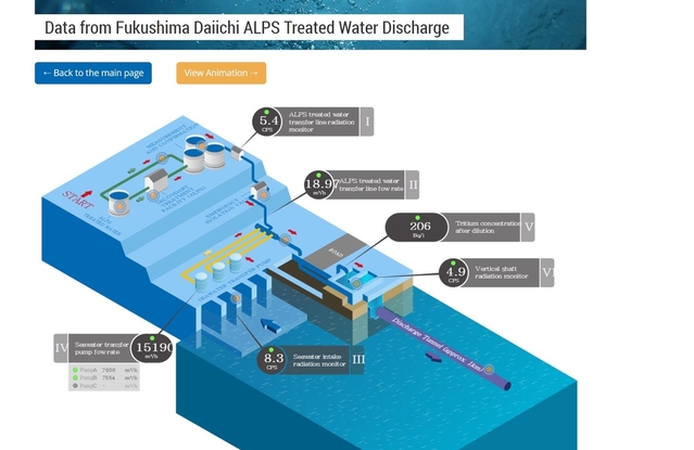 ▲ IAEA가 24일 운영을 개시한 후쿠시마 원전 오염수 방류 데이터 실시간 웹페이지. 방류 단계별로 표시된 6가지 항목의 '녹색불'은 측정치가 정상 범위에 있다는 표시다.ⓒ연합뉴스