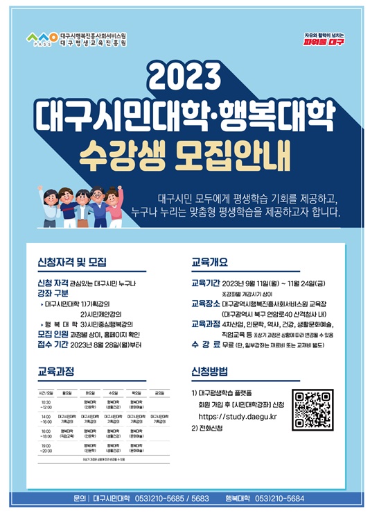 ▲ 상반기 누적 시민 2천여 명이 다녀간 대구광역시행복진흥사회서비스원 대구시민대학 및 행복대학에서 하반기 강좌 수강생을 선착순 모집한다.ⓒ대구행복진흥원