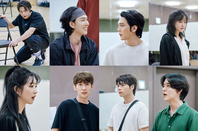 ▲ 뮤지컬 '타오르는 어둠 속에서' 연습 현장(왼쪽부터 박정원·양희준·노윤·한재아·주다온).ⓒ뉴프로덕션
