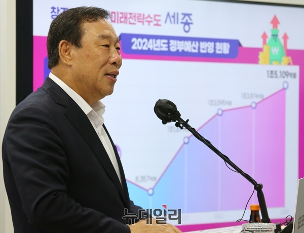 ▲ 최민호 세종시장이 29일 오후 내년도 정부예산안 관련 브리핑을 하고 있다.ⓒ이길표 기자