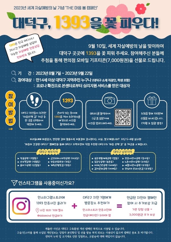 ▲ 대전 대덕구가 내달 10일 세계 자살 예방의 날을 기념해 내달 22일까지 대덕구 자살 예방 상담 전화번호인 ‘1393을 꽃 피우다’ 온라인 캠페인을 진행한다.ⓒ대덕구