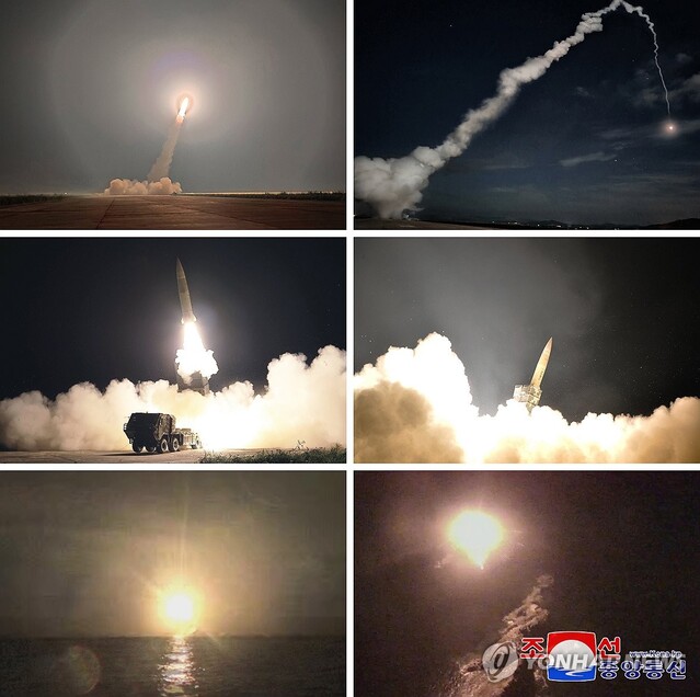 ▲ 북한군이 30일 밤 평양국제비행장에서 북동방향으로 전술탄도미사일 2발을 발사하는 모습. 2023.8.31 ⓒ연합뉴스