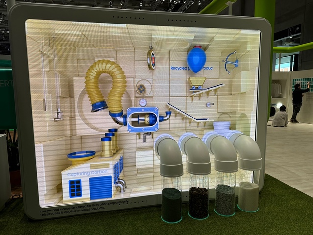 ▲ IFA 2023 삼성전자 전시관 '지속가능성 존' 내 재활용 플라스틱 소재 체험 전시 모습 ⓒ장소희 기자