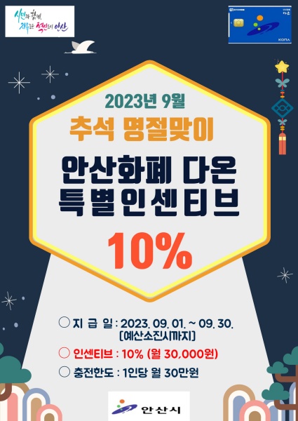 ▲ 경기 안산시가 추석 명절을 맞아 9월 한 달간 안산 지역화폐 ‘다온’의 인센티브를 기존 7%에서 10%로 확대한다. ⓒ안산시 제공