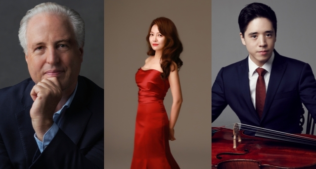 ▲ 왼쪽부터 지휘자 만프레트 호네크, 소프라노 임선혜, 첼리스트 이상 엔더스.ⓒ서울시향·EMK엔터테인먼트