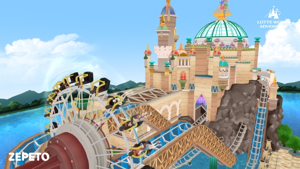 ▲ 제페토 롯데월드 맵에서 즐길 수 있는 어트랙션 자이로스윙-아트란티스(오른쪽)ⓒ롯데월드