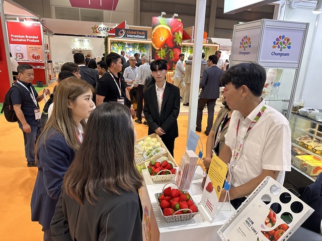 ▲ 8일까지 홍콩에서 열리는 제16회 홍콩 신선 농산물 박람회에서 충남 딸기 판매를 위해 상담을 하고 있다.ⓒ충남도
