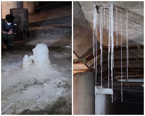 ▲ 서울지하철 시청역과 을지로입구역 사이 지하 2층 미개방 공간에 생긴 종유석과 석순의 모습. ⓒ진선우 기자