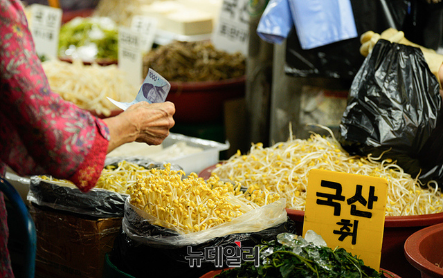 ▲ 서울 동대문구 경동시장에서 한 상인이 콩나물을 팔고 있다ⓒ뉴데일리DB