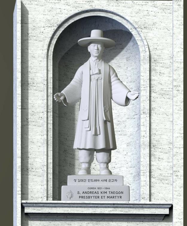 ▲ 바티칸의 성 베드로 대성전에 한국 최초의 사제 성 김대건 안드레아 신부의 성상이 세워진다. 사진은 성 김대건 신부 조각상 설치 시뮬레이션.ⓒ연합뉴스(사진=한국천주교주교회의 미디어부 제공/재판매 및 DB 금지)