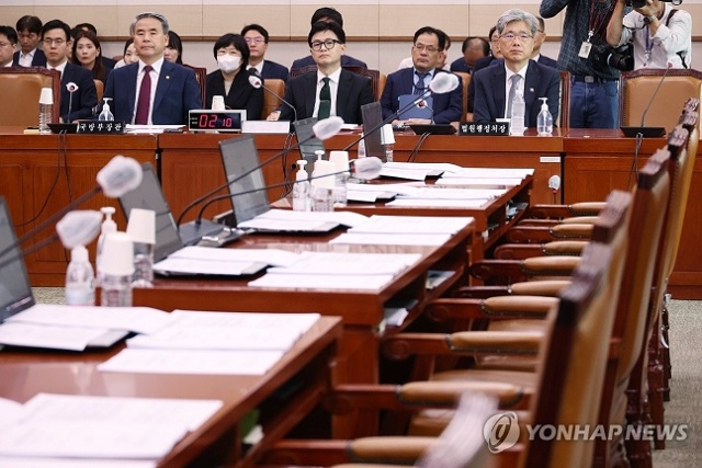 ▲ 18일 국회에서 더불어민주당 의원들이 불참한 채 열린 법제사법위원회 전체회의에 이종섭 국방부 장관(왼쪽부터)과 한동훈 법무부 장관, 김상환 법원행정처장이 앉아 있다.ⓒ연합뉴스