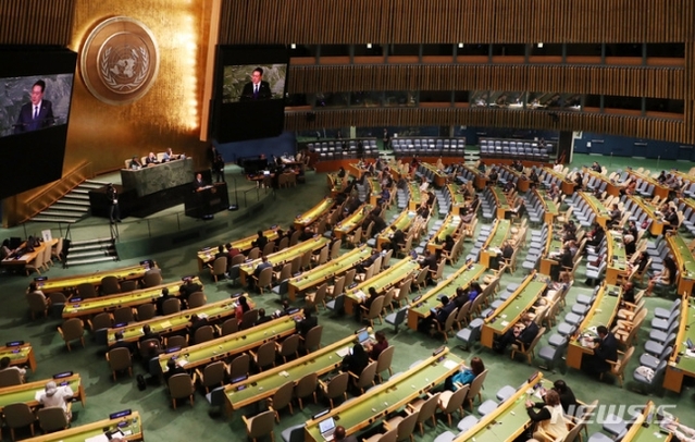 ▲ 윤석열 대통령이 지난 2022년 9월 20일(현지시간) 뉴욕 유엔 총회장에서 기조연설을 하는 모습. ⓒ뉴시스