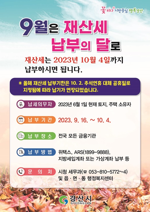 ▲ 경산시(시장 조현일)는 9월에 납부하는 재산세 10만 7천여 건, 440억원을 지난 11일 부과했다.ⓒ경산시