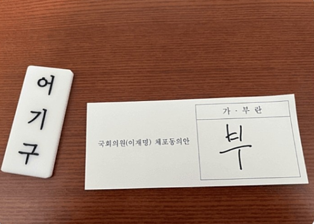 ▲ 어기구 더불어민주당 의원이 지난 21일 국회 본회의에서 이재명 대표 체포동의안 표결 때 기표한 투표 용지. ⓒ'재명이네 마을' 카페 캡처