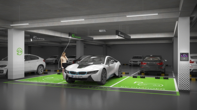 ▲ 한화 건설부문과 LG유플러스가 개발한 '포레나 EV 에어 스테이션'. ⓒ한화 건설부문