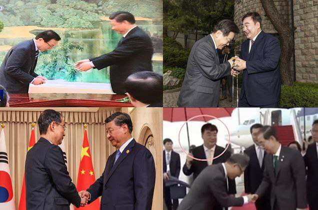 ▲ (왼쪽 위부터 시계방향) 2017년 5월 시진핑 중국 주석과의 접견에서 고개 숙인 이해찬 전 더불어민주당 대표. 지난 6월 싱하이밍 중국대사와의 오찬회동에서 고개 숙이며 인사하는 이재명 더불어민주당 대표. 지난 23일 항저우 샤오산 국제공항에서 가오즈단 국가체육총국장과 저장성 부주석과 악수하는 한덕수 국무총리. 지난 23일 항저후 시후 국빈관에서 시진핑 중국 주석과 악수하는 한덕수 국무총리. ⓒ뉴데일리DB