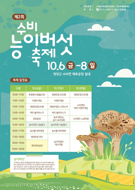 ▲ 영양군(군수 오도창)은 10월 6일부터 8일까지 수비면 체육공원 일원에서 ‘2023 수비면 능이버섯 축제’를 개최한다.ⓒ영양군