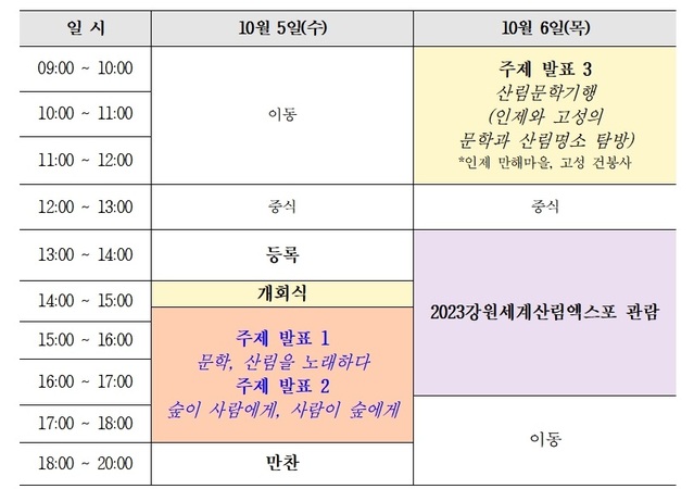 ▲ ‘문학, 산림을 노래하다’ 심포지엄 프로그램.ⓒ강원세계산림엑스포조직위원회